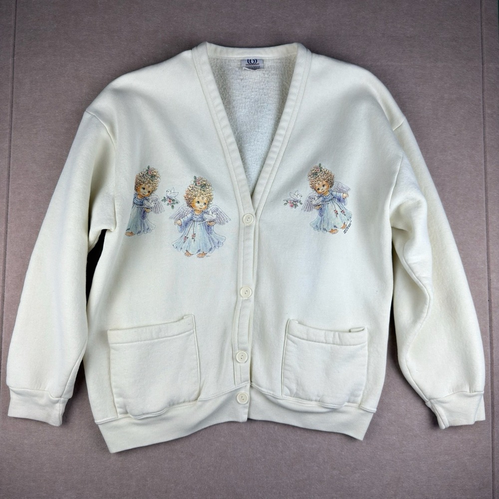Vintage Won's‎ Wear Cardigan XL Angel Baby Graphic White Sweatshirt USA Made 90s